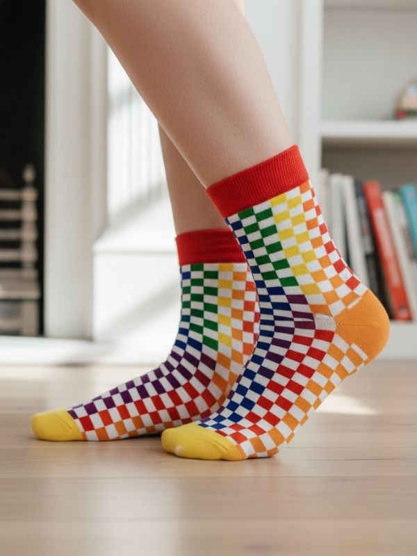 Renkli Damalar Tasarım Soket Çorap (1) Renkli Damalar Tasarım Soket Çorap - Görsel 1