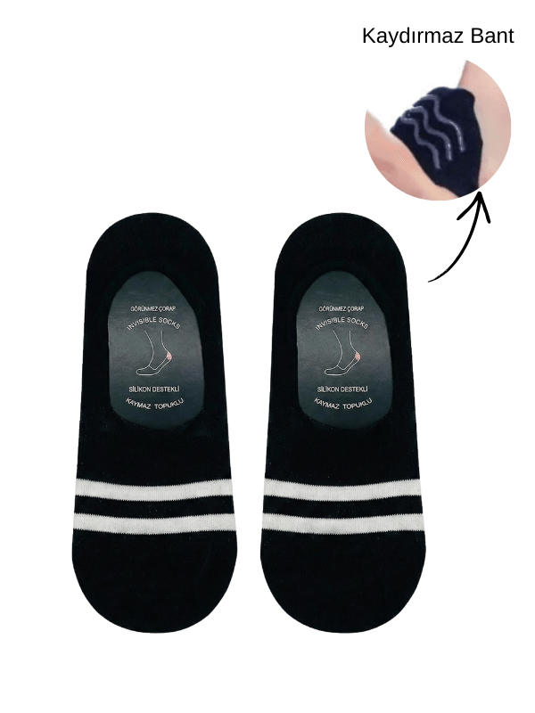 beyaz Şeritli siyah zemin slikon destekli unisex görünmez Çorap