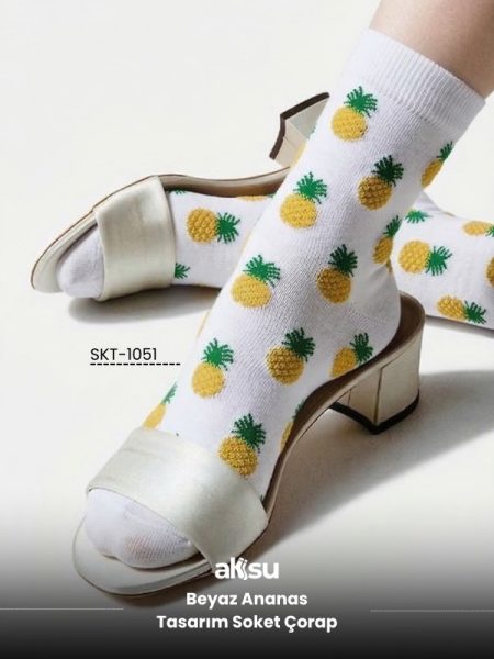 Beyaz Ananas Tasarım Soket Çorap