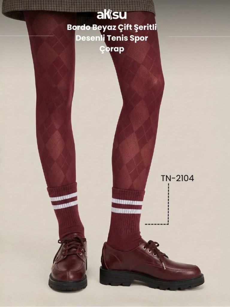 Bordo Beyaz Çift Şeritli Desenli Tenis Spor Çorap