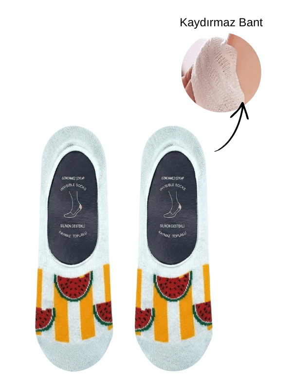 Şeritli karpuz desenli slikon destekli unisex görünmez Çorap