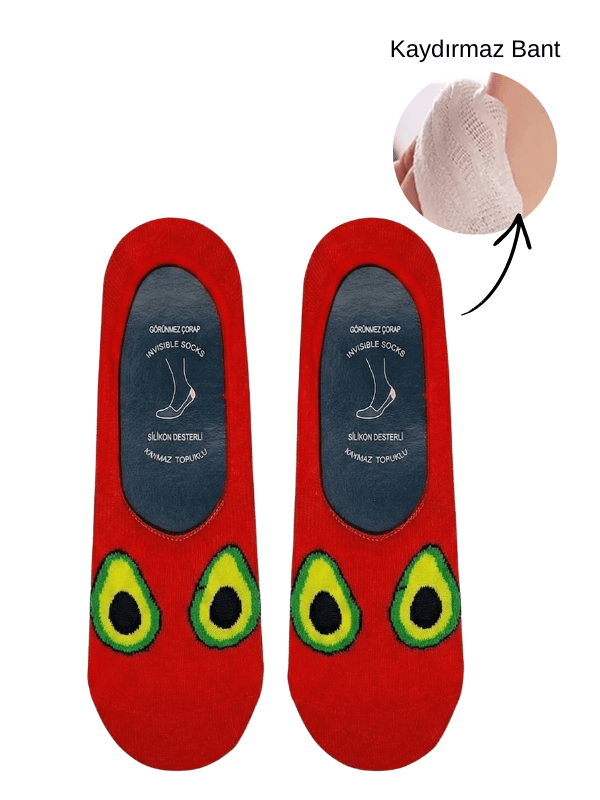kırmızı avokado desenli slikon destekli unisex görünmez Çorap