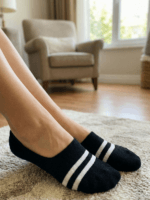 beyaz Şeritli siyah zemin slikon destekli unisex görünmez Çorap