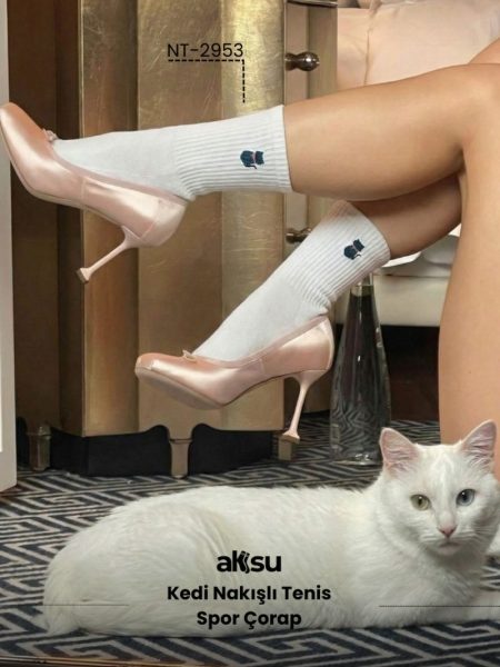 Kedi Nakışlı Tenis Spor Çorap