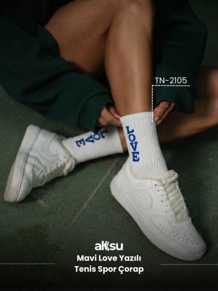 Mavi Love Yazılı Tenis Spor Çorap