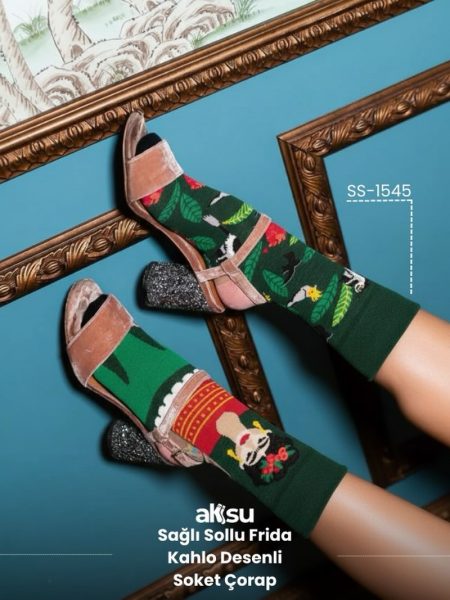 Sağlı Sollu Frida Kahlo Desenli Soket Çorap